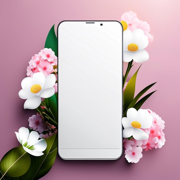 Modelo de tela branca em branco do smartphone com fundo de flores