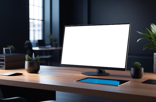 Modelo de tela de computador de mesa em mesa de madeira em vista de perspectiva de escritório