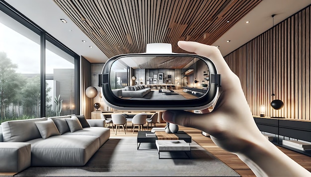 Modelo de tela de exibição de realidade virtual de design de interiores de sala de estar
