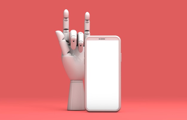 Modelo de tela em branco de smartphone moderno com mão robótica abstrata moderna maquete na moda 3D Rendering