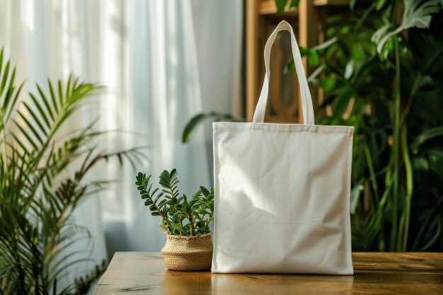 Modelo de tela em branco em uma mesa com uma planta decorativa IA geradora