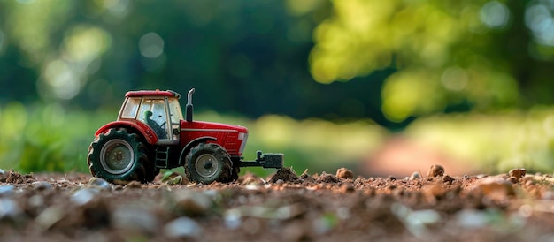 Modelo de trator em uma fazenda em miniatura Uma cena cativante com amplo espaço para cópia