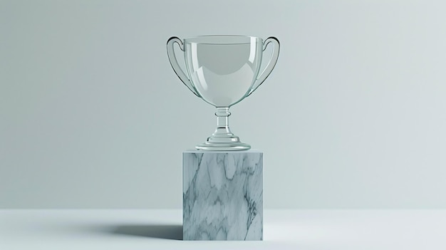 Modelo de troféu de vidro transparente colocado em plataforma de mármore transparente com apresentação 3D