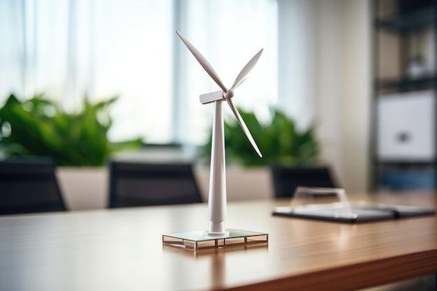 Modelo de turbina eólica em miniatura em uma mesa de escritório em uma sala de escritório bem iluminada conceito de eletricidade ecológica fontes de energia alternativas