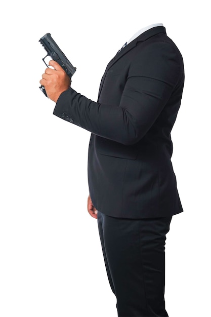 Modelo de um atirador vestindo um terno preto e segurando uma pistola isolada incluída no traçado de recorte