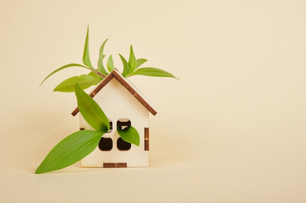 Foto modelo de uma casa em um fundo bege, conceito de casa ecológica, folhas verdes e um espaço de cópia da casa de brinquedo