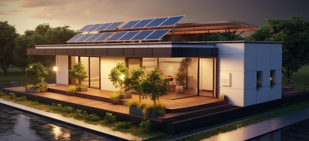 modelo de uma pequena casa em forma de cubo com painéis solares cobrindo suas superfícies para máxima energia