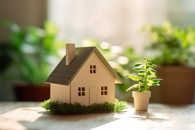 Modelo de uma pequena casa em um ambiente rural e verde conceito de habitação sustentável
