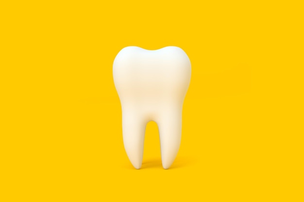 Modelo dentário de dente pré-molar em fundo amarelo Conceito exame dentário dentes saúde bucal