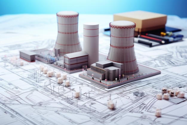 Modelo detalhado da central nuclear sobre planos