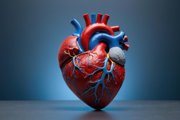 Foto modelo detalhado de coração humano em fundo azul