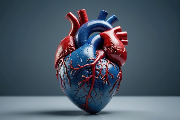 Modelo detalhado de coração humano em fundo azul