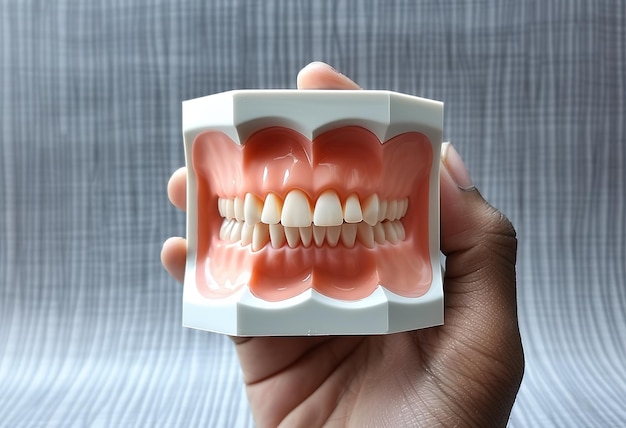 Modelo detalhado de dentes e gengivas humanos demonstrando uma cavidade bucal saudável