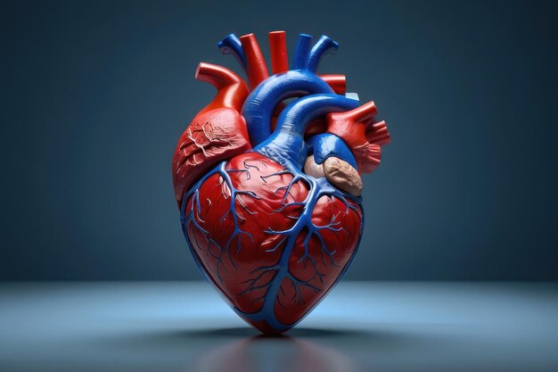 Modelo detallado del corazón humano en fondo azul