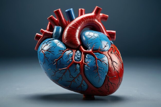 Modelo detallado del corazón humano en fondo azul