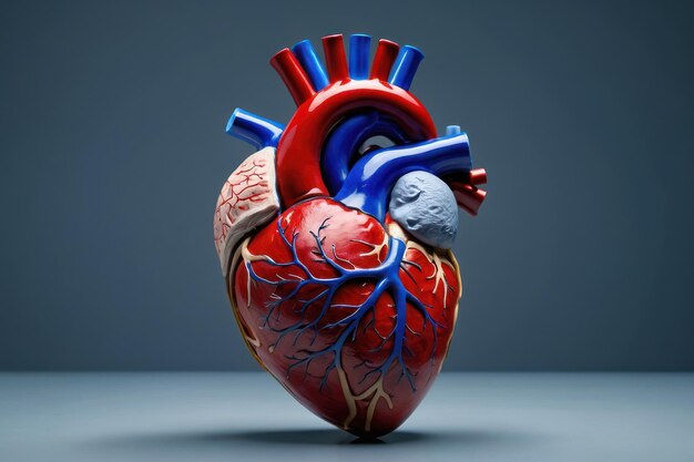 Modelo detallado del corazón humano en fondo azul