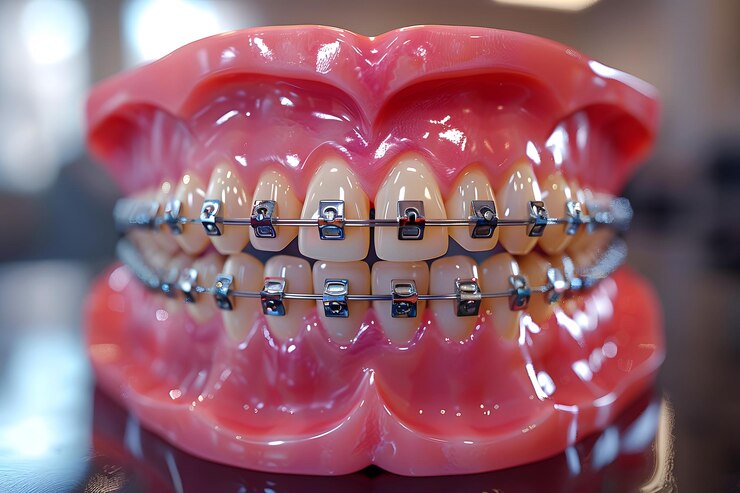 Modelo detallado de dientes con aparatos ortopédicos para la educación dental