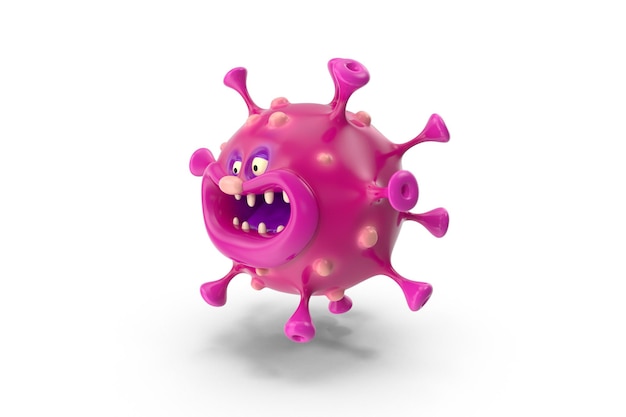 Un modelo de dibujos animados de una célula de coronavirus púrpura con una cara y un virus púrpura en el frente.
