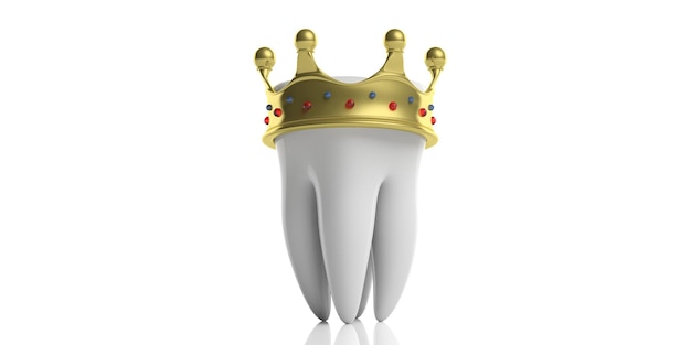 Modelo de diente blanco con una corona dorada aislada sobre fondo blanco ilustración 3d