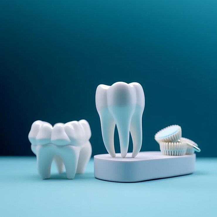 Un modelo de diente se sienta en una escala al lado de un cepillo de dientes.