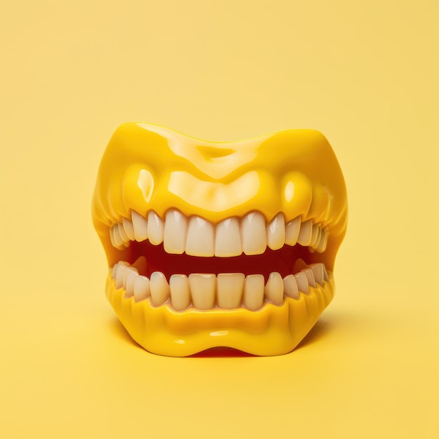 Modelo de dientes amarillos sobre un fondo amarillo Concepto mínimo