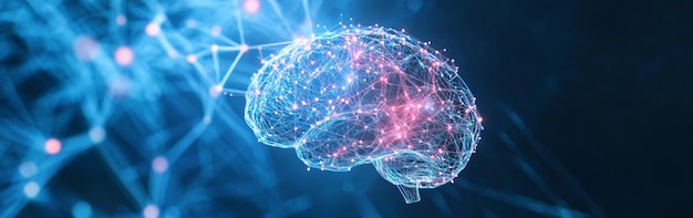 Un modelo digital azul y rosa de un cerebro muestra las conexiones neuronales y las vías que resaltan el