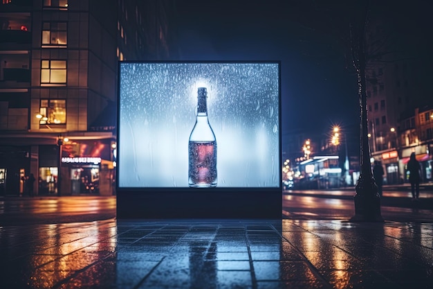 Modelo digital de outdoor iluminado na paisagem urbana à noite com garrafa sem rótulo