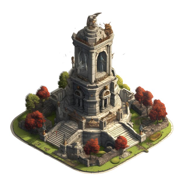 Un modelo digital de una torre de piedra con una estatua de un pájaro.