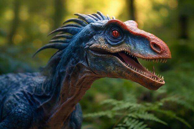 Modelo de dinosaurio en el bosque de primer plano de fondo verde