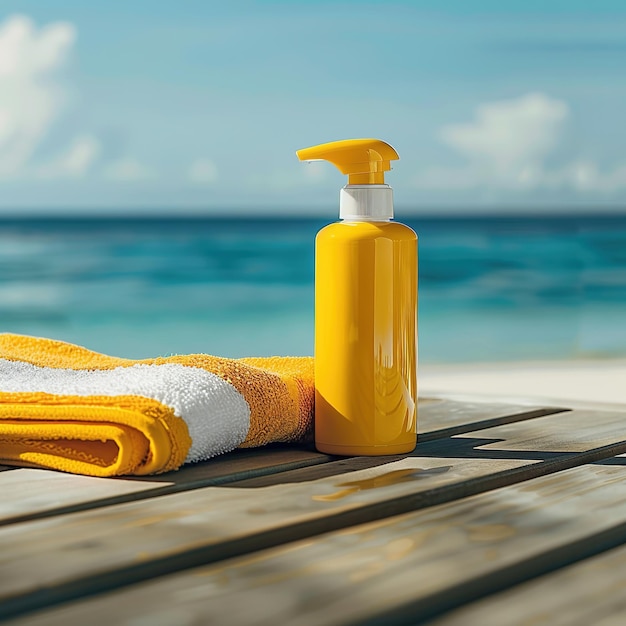 un modelo de diseño de crema de tubo naranja en el fondo de la playa