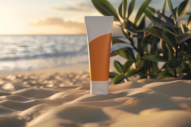 un modelo de diseño de crema de tubo naranja en el fondo de la playa