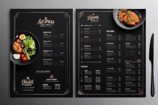Modelo de diseño de menú de comida minimalista, creativo, elegante y negro