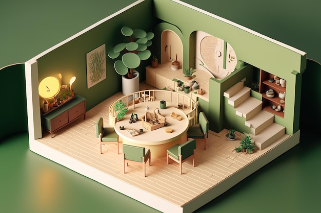 Modelo do interior de uma casa mostrando uma área de estar em tons de bege e verde