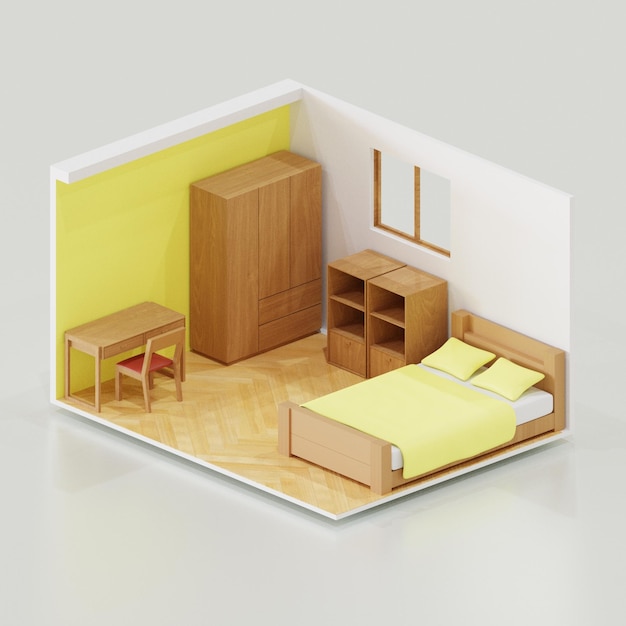 modelo de dormitorio con cama y armario equipado con interior de madera y color amarillo en las paredes