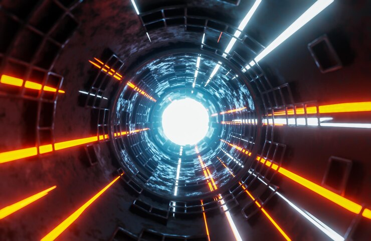 Modelo e ilustración en 3D de rayos de luz en movimiento en el fondo del túnel científico