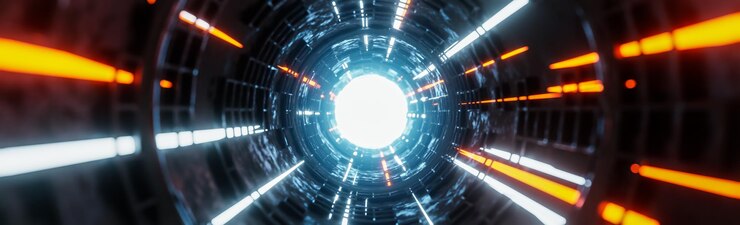 Modelo e ilustración en 3D de rayos de luz en movimiento en el fondo del túnel científico