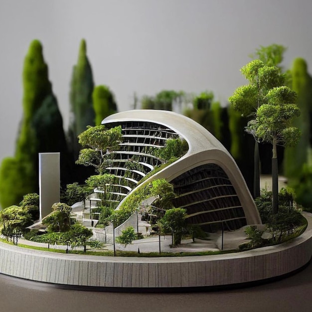 Un modelo de un edificio con un árbol en la parte superior