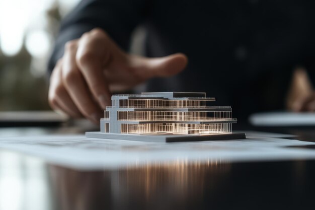Modelo de edificio holográfico 3D en la mesa