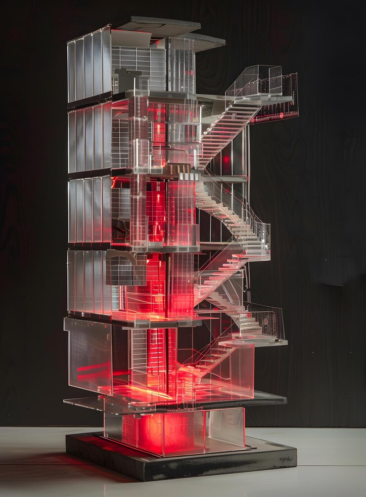 Foto modelo de edificio transparente con iluminación de luz roja