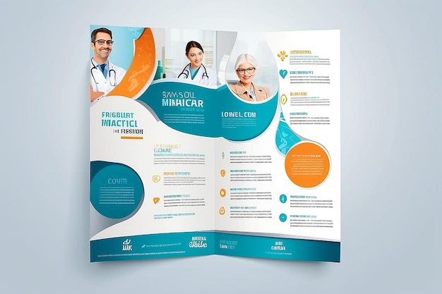 Modelo elegante de brochura ou folheto de cuidados médicos com marcadores de lugar apropriados para o seu conteúdo