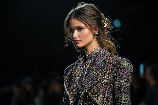 Modelo elegante en la pista con un peinado intrincado y una chaqueta de tweed mostrando alta moda