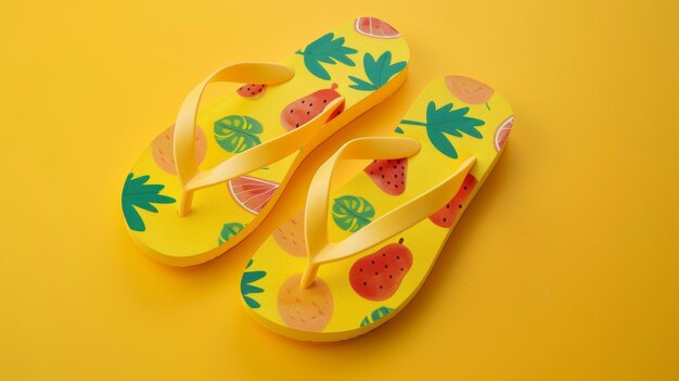 Modelo em branco de chinelos com um padrão de fruta brincalhão em um fundo amarelo brilhante