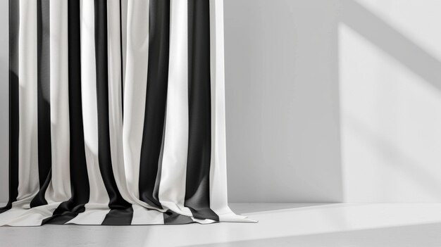 Modelo em branco de uma cortina de chuveiro minimalista em tons de preto e branco com uma faixa simples