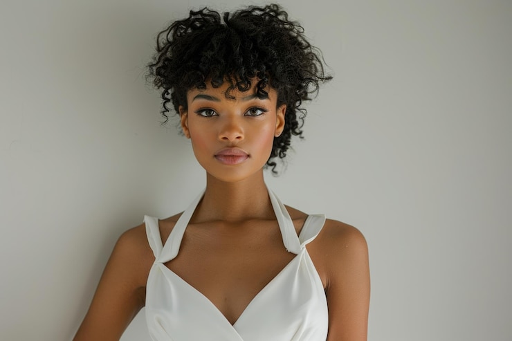 Foto modelo em um estúdio minimalista colocando sua beleza impecável e elegância discreta enfatizada pelas linhas limpas e paleta monocromática de seu traje