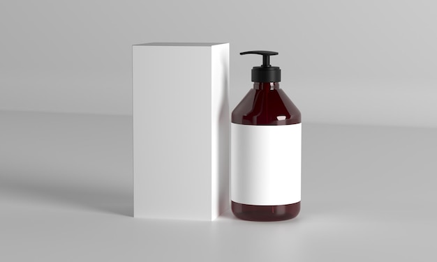 Modelo de embalaje de botella de bomba de ámbar oscuro y caja blanca en fondo blanco minimalista