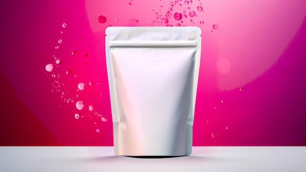 Modelo de embalaje de Doypack en blanco sobre un fondo rosado con burbujas