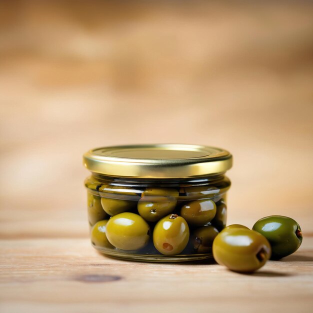 Foto modelo de envase de producto genérico en blanco de frasco de vidrio de aceitunas