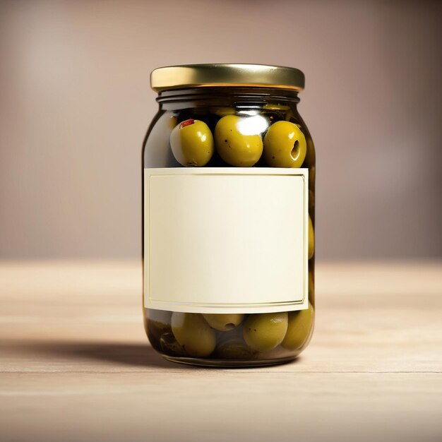 Foto modelo de envase de producto genérico en blanco de frasco de vidrio de aceitunas