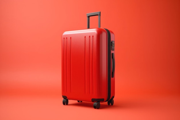 Modelo de equipaje de maleta de viaje para un viaje de vacaciones en fondo rojo Moderna plantilla espacio de copia en blanco de la maleta de viajero para diseño publicitario Anuncio de tienda de viajes en línea IA generativa