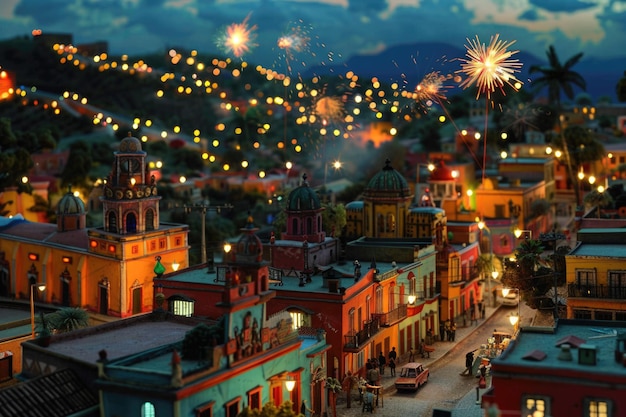 Foto modelo a escala de una ciudad mexicana al anochecer con fuegos artificiales